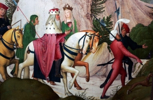 Auf dem kunsthistorisch bedeutenden Tafelbild "Ausritt des hl. Leopold" des Leopoldaltars von Rueland Fruehauf d. J. (1505) des Stiftes Klosterneuburg wird Markgraf Leopold III. hoch zu Ross auf einem Schimmel mit seiner Gattin Agnes beim Ausritt in Klosterneuburg gezeigt. © privat
