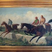 Vier Jockeys beim Hindernisspringen (Julius Blaas). © Wiener Rennverein