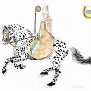 SEVERIN VON NORICUM HOCH ZU ROSS – Der »Reitkultur-Verein Weiß-Blau-Gold« hat anlässlich seines 25-jährigen Gründungsjubiläums im Jahr 2025 von der Künstlerin Kirsten Lubach den „Apostel Noricums“ hoch zu Ross auf einem Noriker – Schwarzflecktigerhengst in der besonderen Farbausprägung eines Achattigers – in der liturgischen Kleidung eines Abtes zeichnen lassen. Severin ist, wie kaum bekannt ist, sowohl Patron der Pferderasse Noriker als auch des Weinbaus. Die Darstellung Severins hoch zu Ross auf einem Noriker und mit einem Abtstab aus dem Holz eines Weinstocks ist in der Kunstwelt erstmalig und von großer Symbolkraft. © Imre Antal